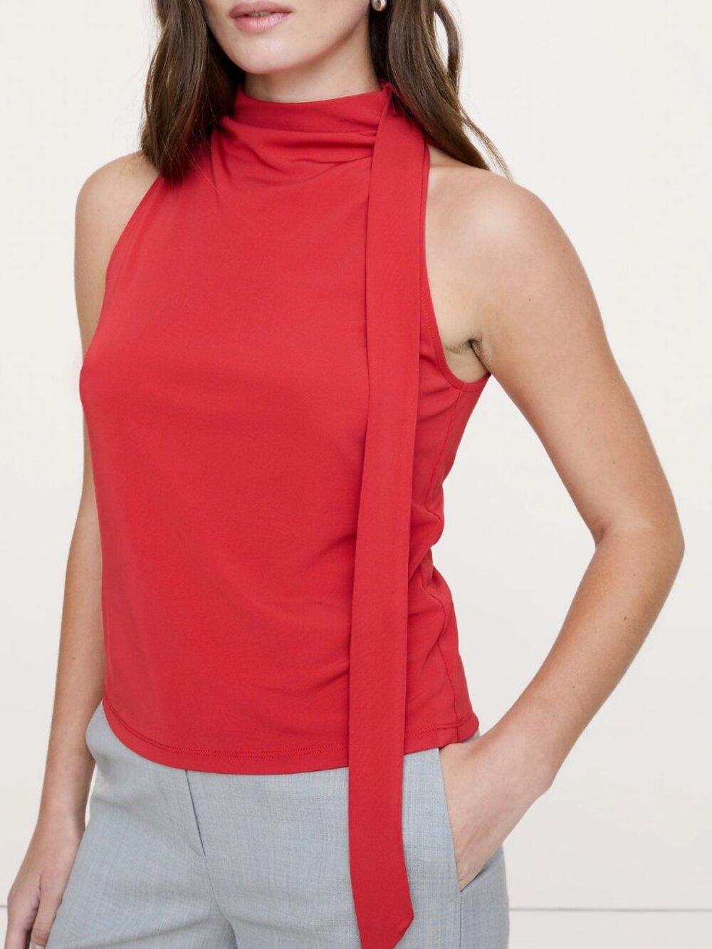 NWT Banana Republic Red Matte Jersey Knit Cowl Scarf-Neck Halter Top L
